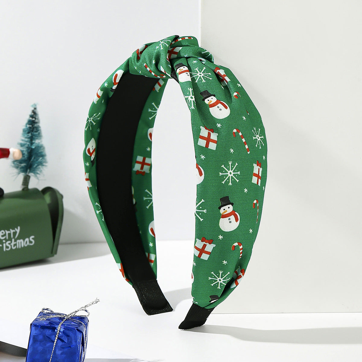 Wholesale fabric knotted green and red striped plaid wide headband